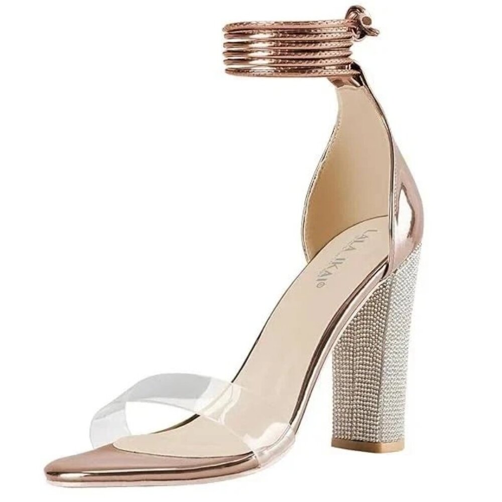 NEW Lala Ikai Rose Gold High Heels Sandals Rhinestone Ankle Strap Clear Pumps